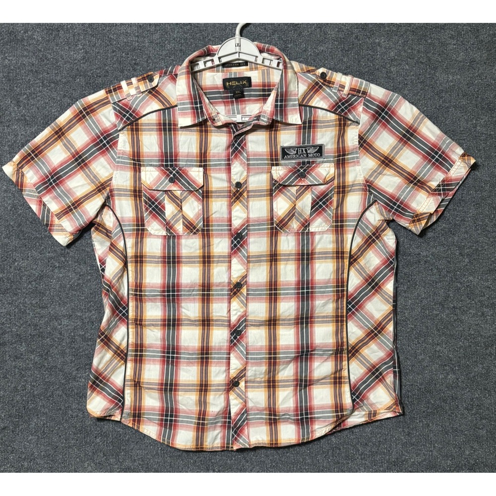 Helix‎ Mens XXL Athletic Fit Short Sleeve Plaid Button Up Shirt American Moto